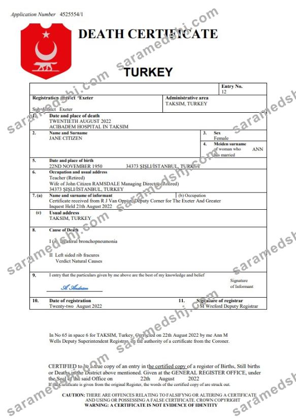Turkey vital record death certificate Word and PDF template